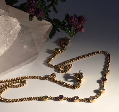 Vintage Suffragette Colours Peridot, Amethyst and Diamond Set Necklace, 18ct Yellow Gold