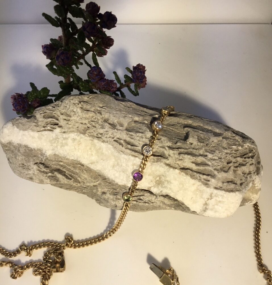 Vintage Suffragette Colours Peridot, Amethyst and Diamond Set Necklace, 18ct Yellow Gold