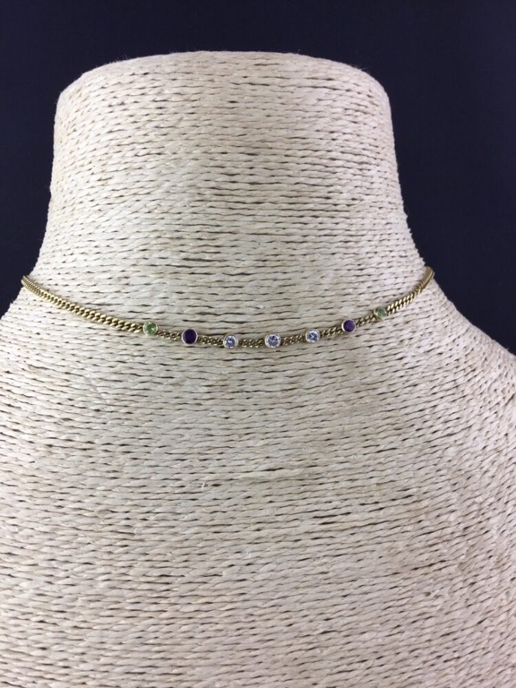 Vintage Suffragette Colours Peridot, Amethyst and Diamond Set Necklace, 18ct Yellow Gold