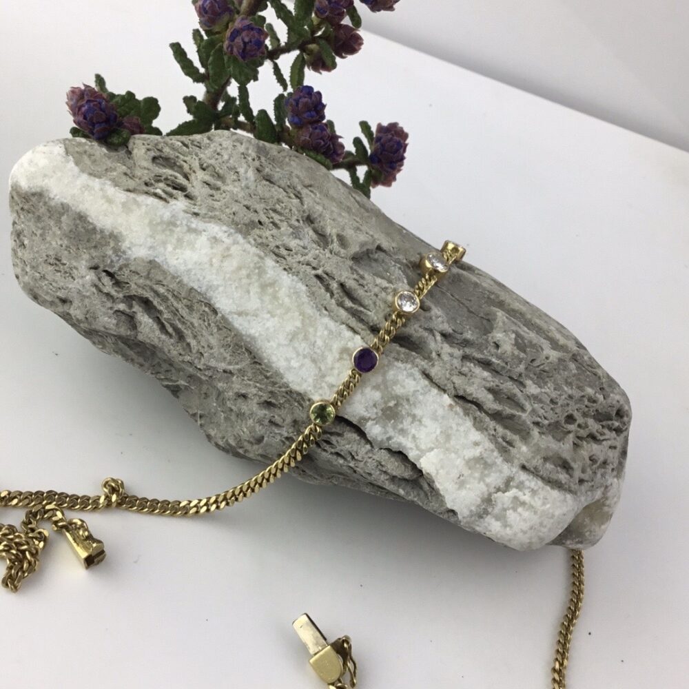 Vintage Suffragette Colours Peridot, Amethyst and Diamond Set Necklace, 18ct Yellow Gold