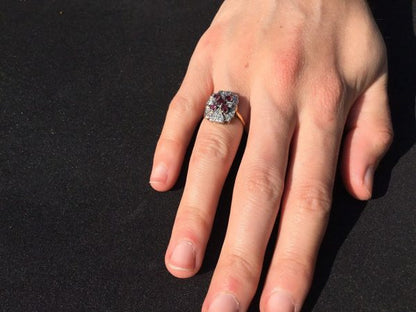 Antique Art Deco Ruby and Diamond Plaque Ring, 18ct Gold, c.1920