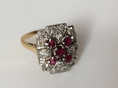Antique Art Deco Ruby and Diamond Plaque Ring, 18ct Gold, c.1920