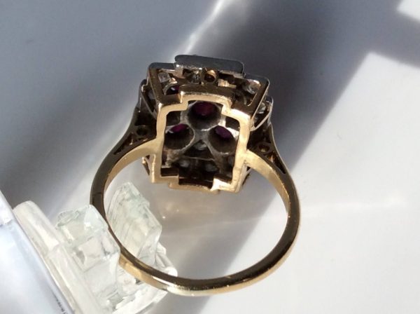 Antique Art Deco Ruby and Diamond Plaque Ring, 18ct Gold, c.1920