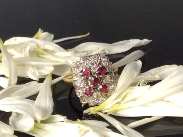 Antique Art Deco Ruby and Diamond Plaque Ring, 18ct Gold, c.1920