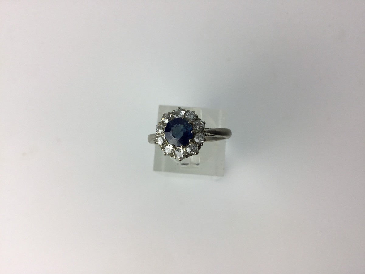 Antique Edwardian Sapphire and Diamond Cluster Engagement Ring