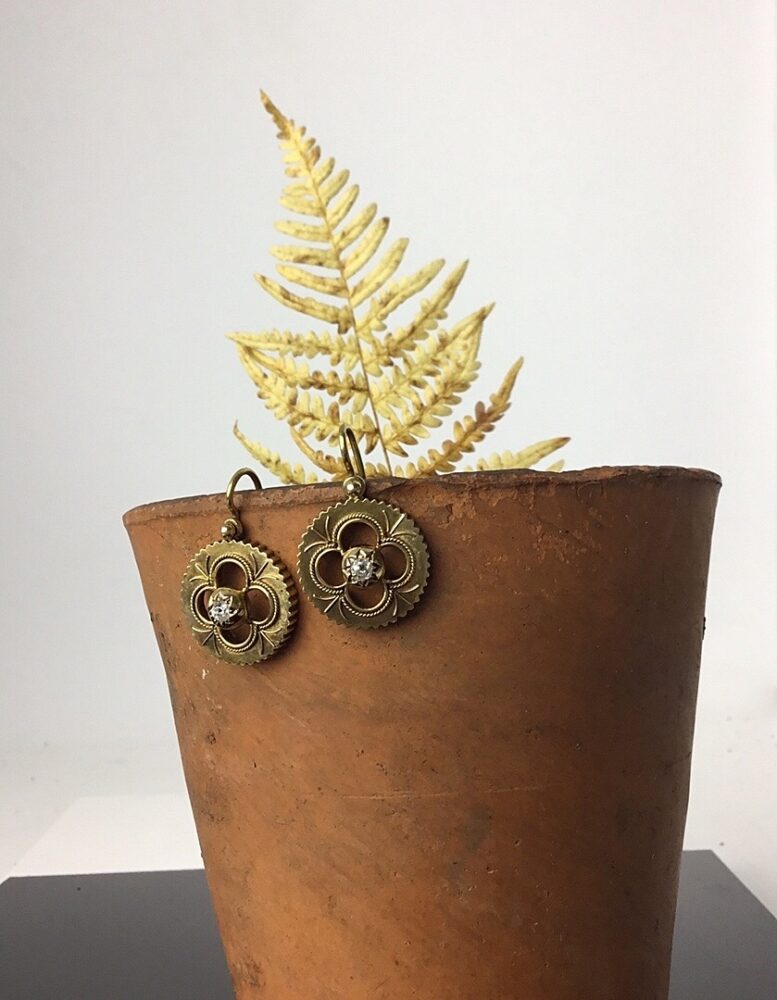 Antique Victorian Old Cut Diamond Set Drop Earrings in 18ct Gold