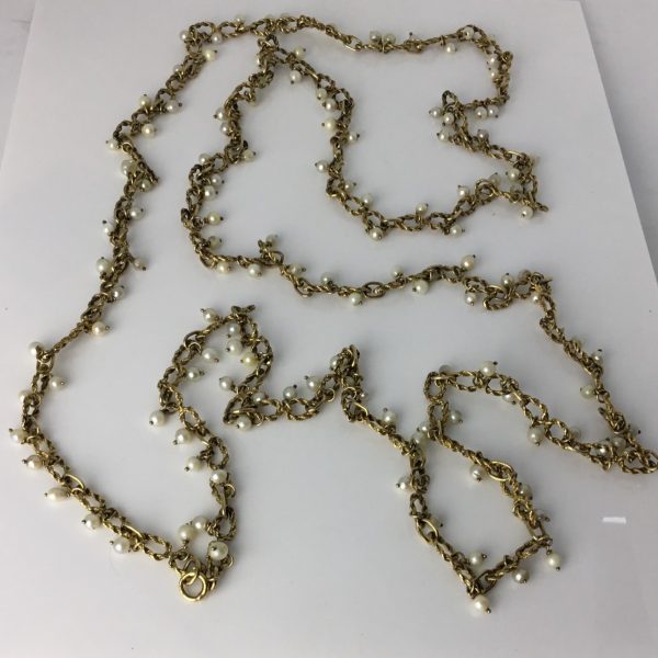 Vintage Heavy Set Gold and Pearl Long Guard Chain Necklace