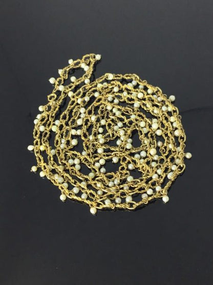 Vintage Heavy Set Gold and Pearl Long Guard Chain Necklace