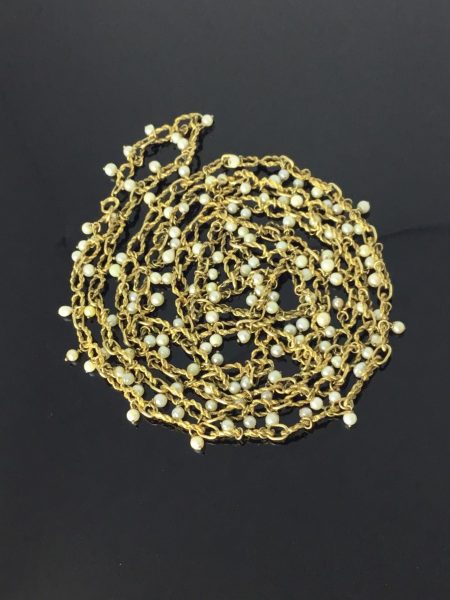 Vintage Heavy Set Gold and Pearl Long Guard Chain Necklace