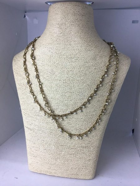 Vintage Heavy Set Gold and Pearl Long Guard Chain Necklace