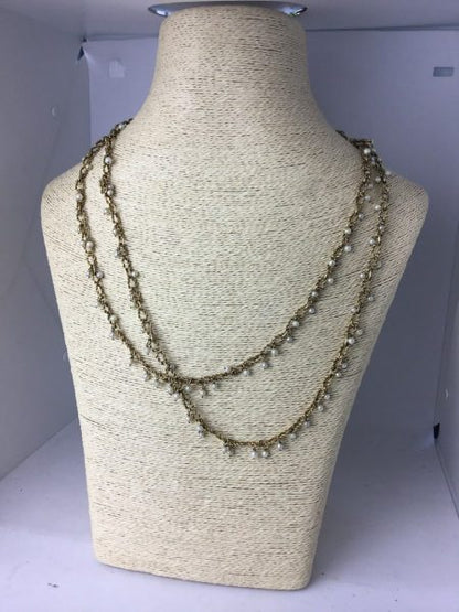 Vintage Heavy Set Gold and Pearl Long Guard Chain Necklace