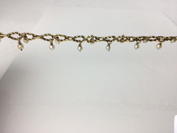 Vintage Heavy Set Gold and Pearl Long Guard Chain Necklace