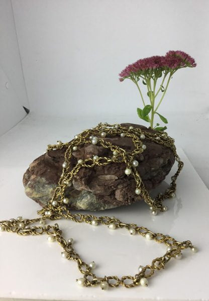Vintage Heavy Set Gold and Pearl Long Guard Chain Necklace