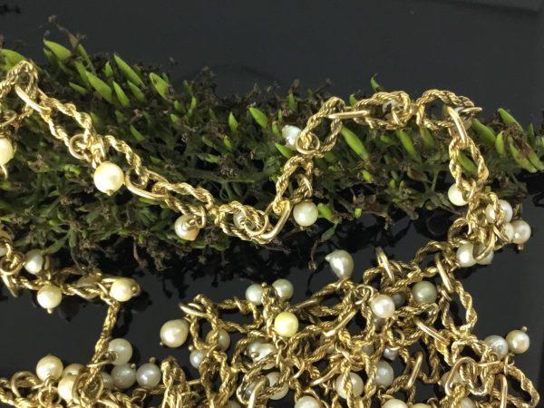 Vintage Heavy Set Gold and Pearl Long Guard Chain Necklace