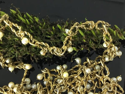 Vintage Heavy Set Gold and Pearl Long Guard Chain Necklace