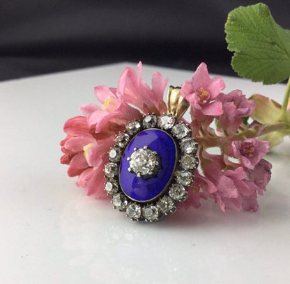 Antique Georgian Diamond and Blue Enamel Guilloche Pendant