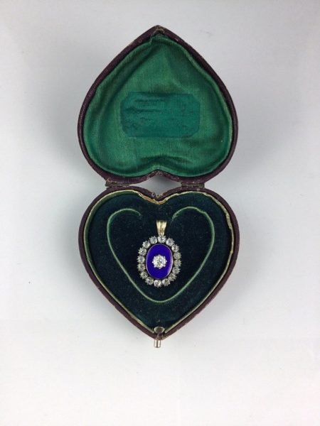 Antique Georgian Diamond and Blue Enamel Guilloche Pendant