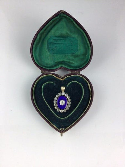 Antique Georgian Diamond and Blue Enamel Guilloche Pendant