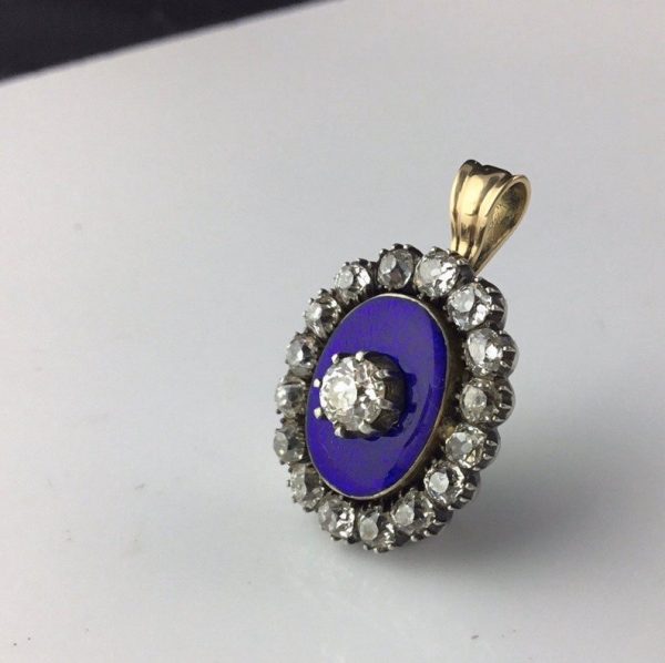 Antique Georgian Diamond and Blue Enamel Guilloche Pendant