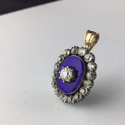 Antique Georgian Diamond and Blue Enamel Guilloche Pendant