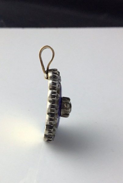Antique Georgian Diamond and Blue Enamel Guilloche Pendant