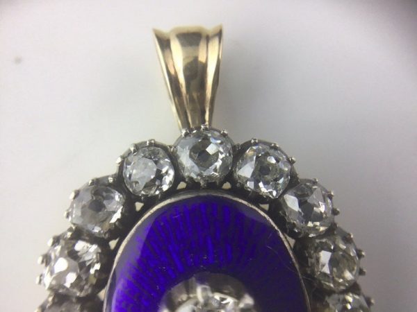 Antique Georgian Diamond and Blue Enamel Guilloche Pendant