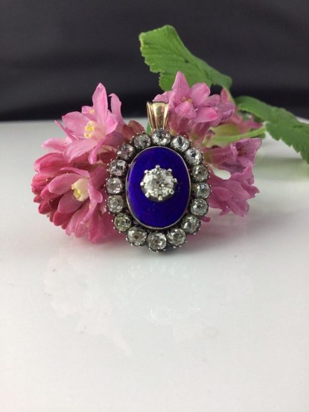 Antique Georgian Diamond and Blue Enamel Guilloche Pendant
