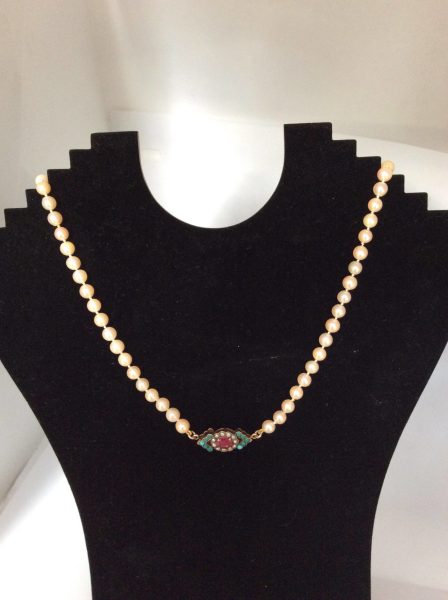 Antique Art Deco Pearl Necklace with Ruby, Turquoise and Pearl Clasp