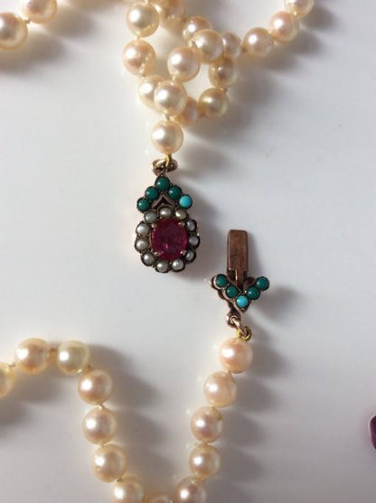 Antique Art Deco Pearl Necklace with Ruby, Turquoise and Pearl Clasp