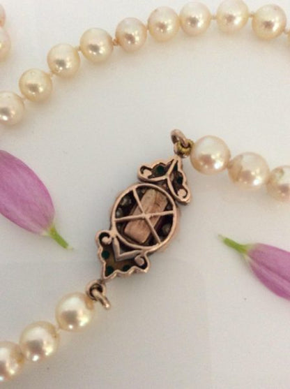 Antique Art Deco Pearl Necklace with Ruby, Turquoise and Pearl Clasp