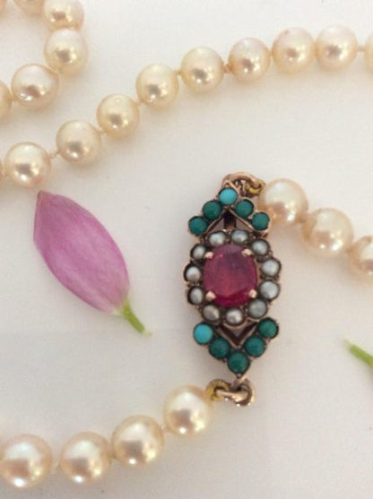 Antique Art Deco Pearl Necklace with Ruby, Turquoise and Pearl Clasp