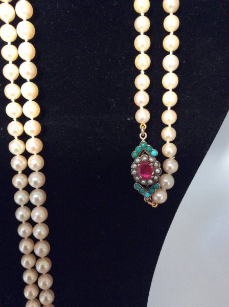 Antique Art Deco Pearl Necklace with Ruby, Turquoise and Pearl Clasp