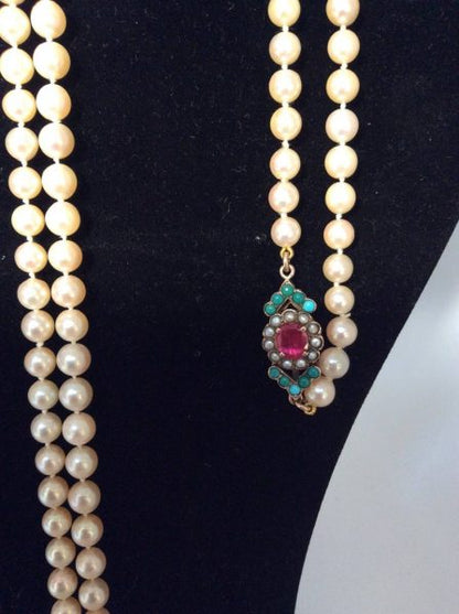 Antique Art Deco Pearl Necklace with Ruby, Turquoise and Pearl Clasp