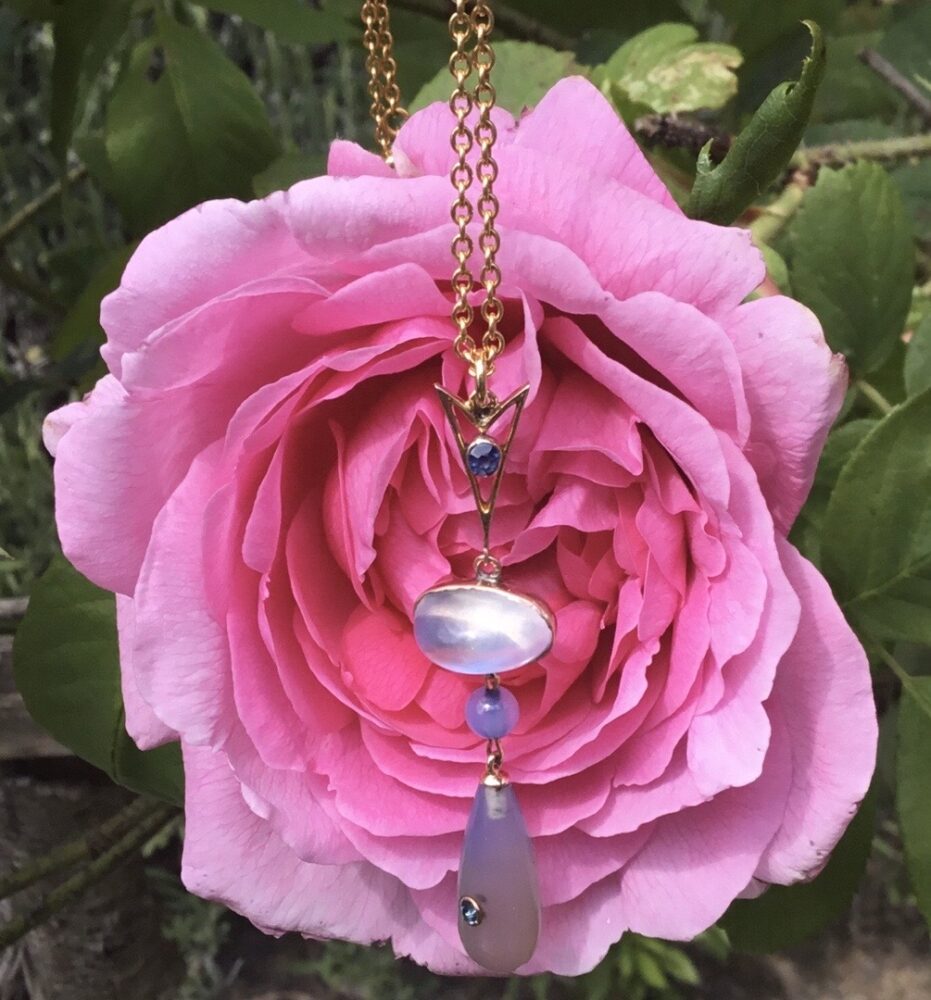 Antique Belle Epoque Moonstone, Blue Chalcedony and Sapphire Pendant