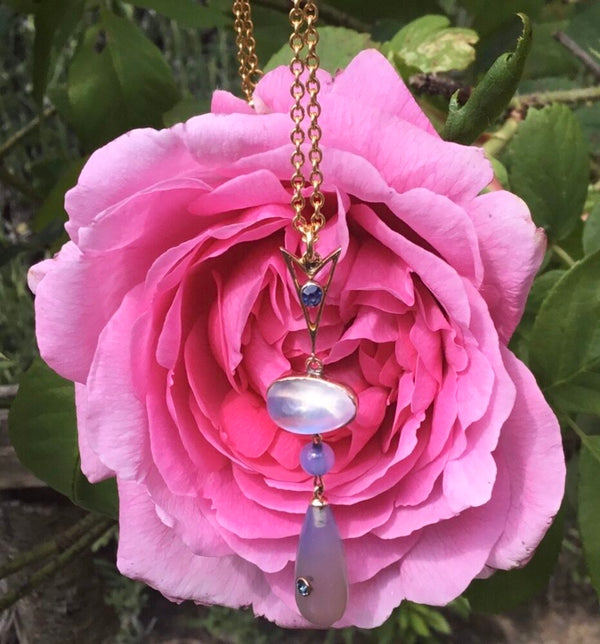 Antique Belle Epoque Moonstone, Blue Chalcedony and Sapphire Pendant