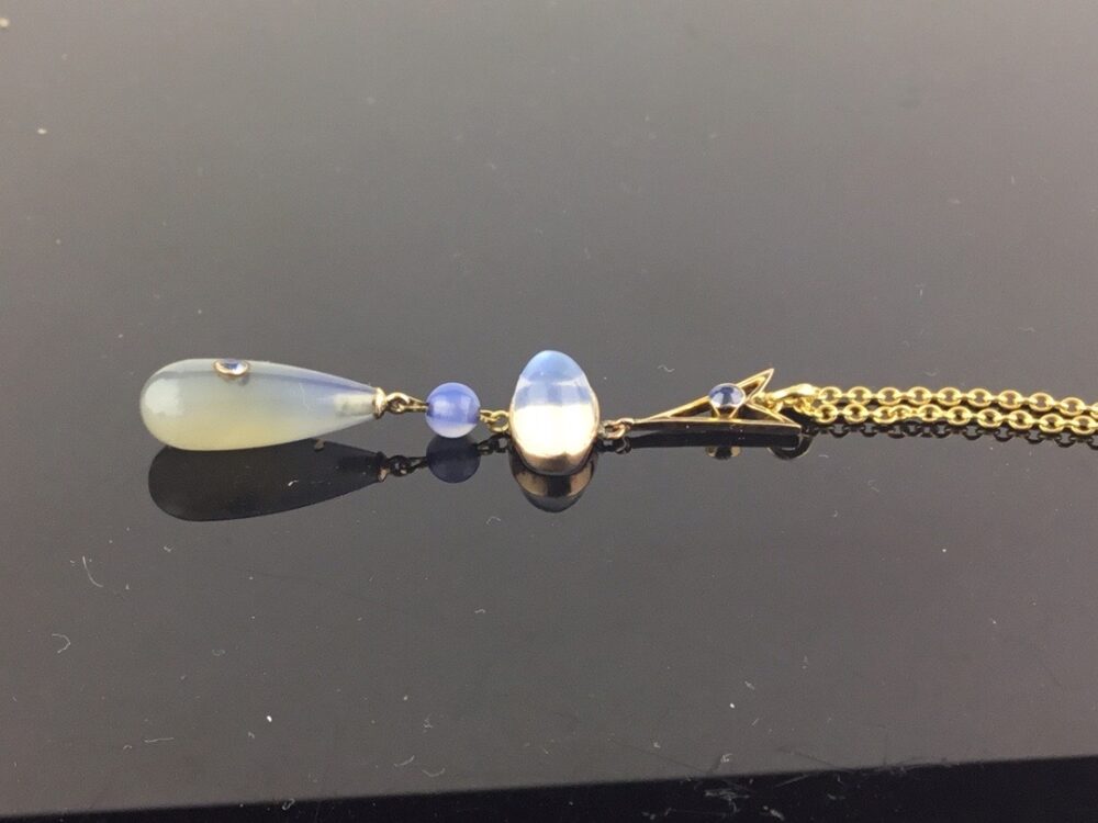 Antique Belle Epoque Moonstone, Blue Chalcedony and Sapphire Pendant