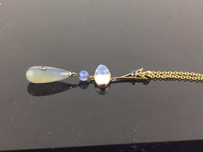 Antique Belle Epoque Moonstone, Blue Chalcedony and Sapphire Pendant