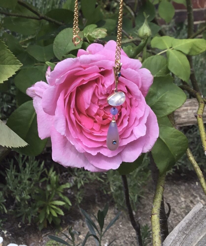Antique Belle Epoque Moonstone, Blue Chalcedony and Sapphire Pendant