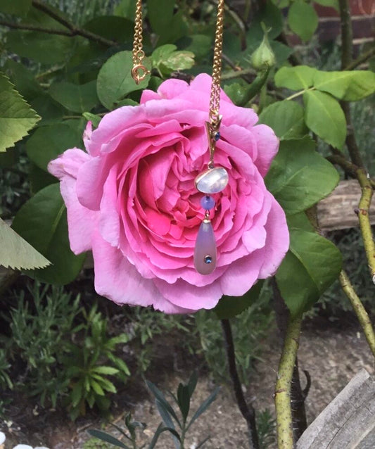 Antique Belle Epoque Moonstone, Blue Chalcedony and Sapphire Pendant