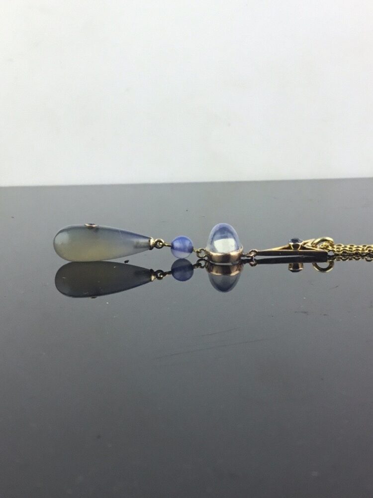 Antique Belle Epoque Moonstone, Blue Chalcedony and Sapphire Pendant