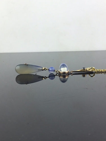 Antique Belle Epoque Moonstone, Blue Chalcedony and Sapphire Pendant