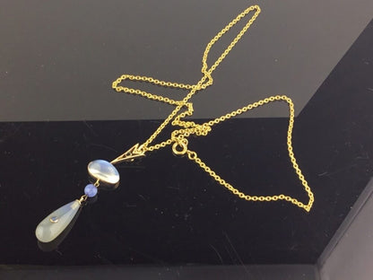 Antique Belle Epoque Moonstone, Blue Chalcedony and Sapphire Pendant