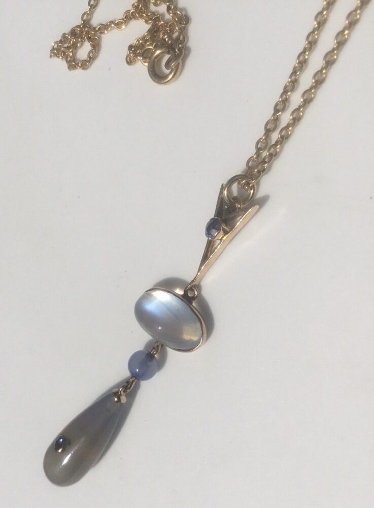 Antique Belle Epoque Moonstone, Blue Chalcedony and Sapphire Pendant