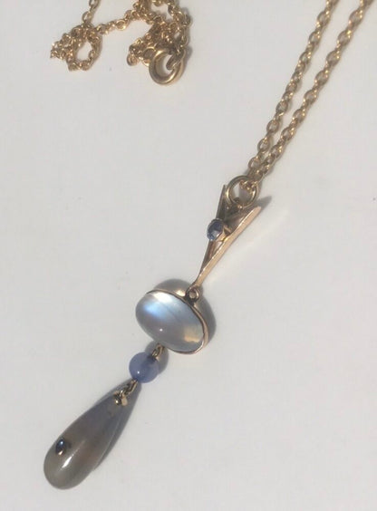 Antique Belle Epoque Moonstone, Blue Chalcedony and Sapphire Pendant