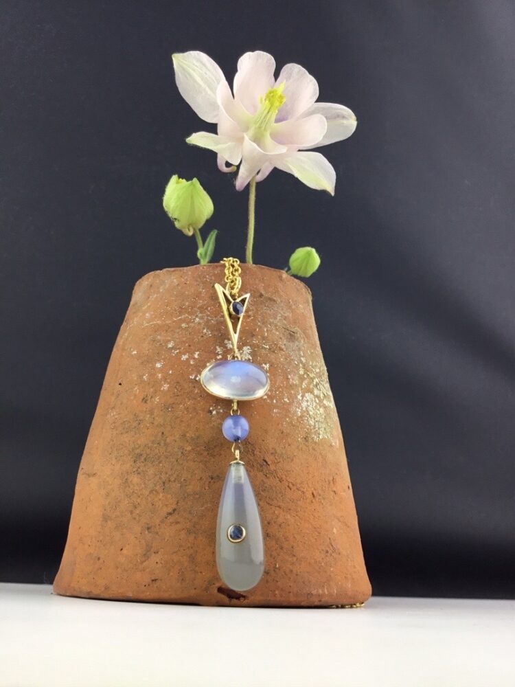 Antique Belle Epoque Moonstone, Blue Chalcedony and Sapphire Pendant