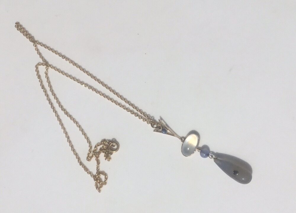Antique Belle Epoque Moonstone, Blue Chalcedony and Sapphire Pendant