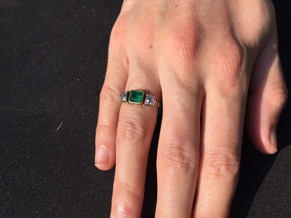Antique Georgian Colombian emerald and diamond engagement ring