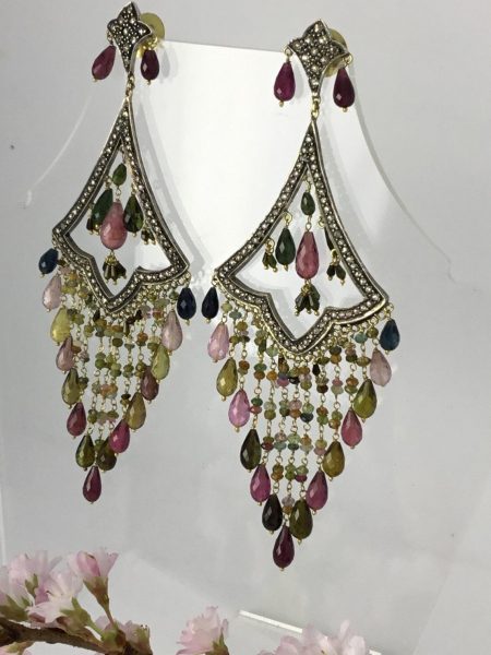 Dramatic Vintage Diamond and Tourmaline Chandelier Earrings