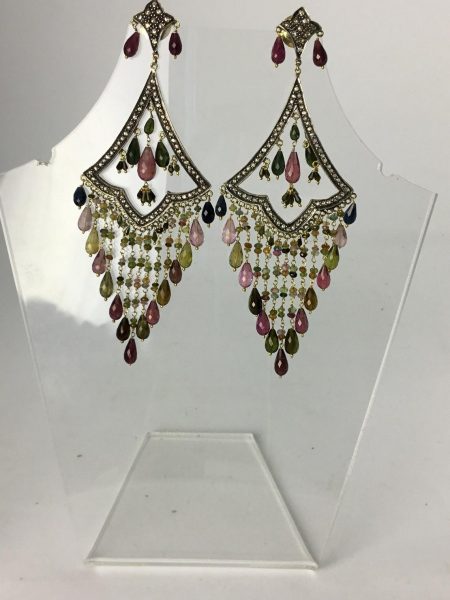 Dramatic Vintage Diamond and Tourmaline Chandelier Earrings