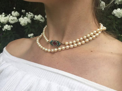 Antique Art Deco Ruby Turquoise and Pearl Set Pearl Necklace